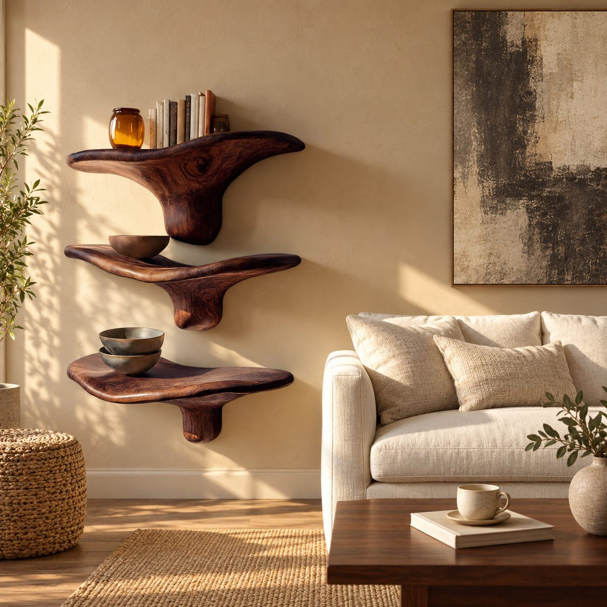 Winged Mushroom Floating Shelves, Live Edge Solid Wood Wall Shelves with Tapered Drip Stem