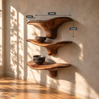 Winged Mushroom Floating Shelves, Live Edge Solid Wood Wall Shelves with Tapered Drip Stem