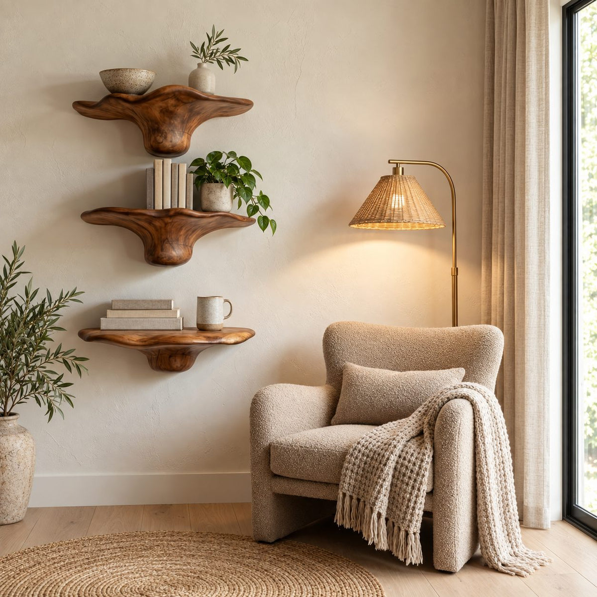 Flared Bell Mushroom Wall Shelves, Handcrafted Solid Wood Floating Shelves for Bedroom Wall
