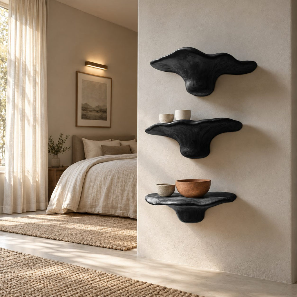 Flared Bell Mushroom Wall Shelves, Handcrafted Solid Wood Floating Shelves for Bedroom Wall