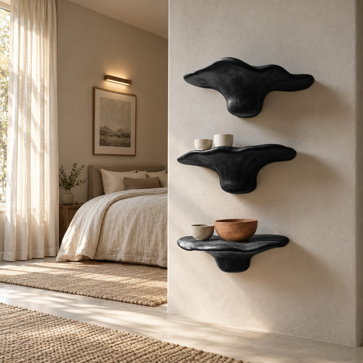 Flared Bell Mushroom Wall Shelves, Handcrafted Solid Wood Floating Shelves for Bedroom Wall