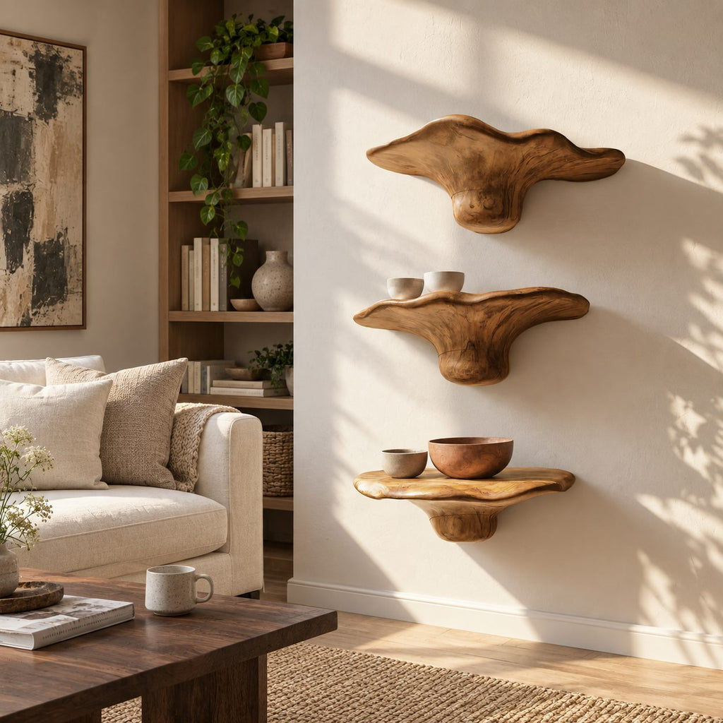 Flared Bell Mushroom Wall Shelves, Handcrafted Solid Wood Floating Shelves for Bedroom Wall
