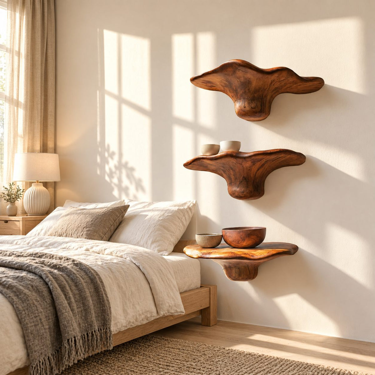 Flared Bell Mushroom Wall Shelves, Handcrafted Solid Wood Floating Shelves for Bedroom Wall