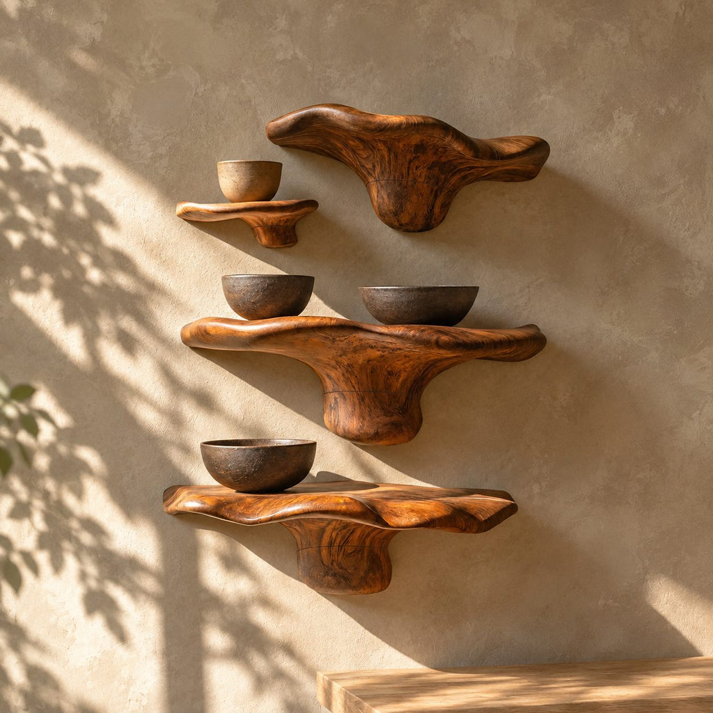 Offset Cluster Mushroom Floating Shelves, Live Edge Solid Wood Wall Shelves with Small Side Ledge