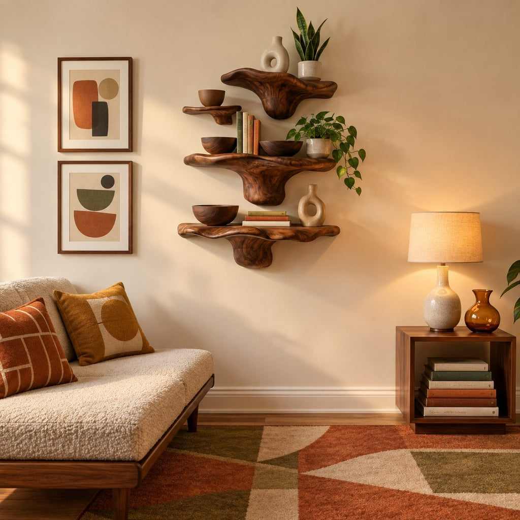 Offset Cluster Mushroom Floating Shelves, Live Edge Solid Wood Wall Shelves with Small Side Ledge