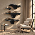 Offset Cluster Mushroom Floating Shelves, Live Edge Solid Wood Wall Shelves with Small Side Ledge