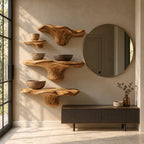 Offset Cluster Mushroom Floating Shelves, Live Edge Solid Wood Wall Shelves with Small Side Ledge