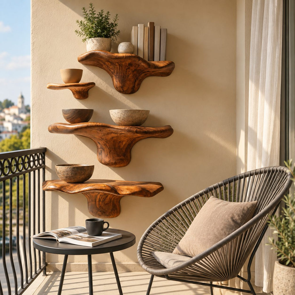 Offset Cluster Mushroom Floating Shelves, Live Edge Solid Wood Wall Shelves with Small Side Ledge