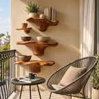 Offset Cluster Mushroom Floating Shelves, Live Edge Solid Wood Wall Shelves with Small Side Ledge