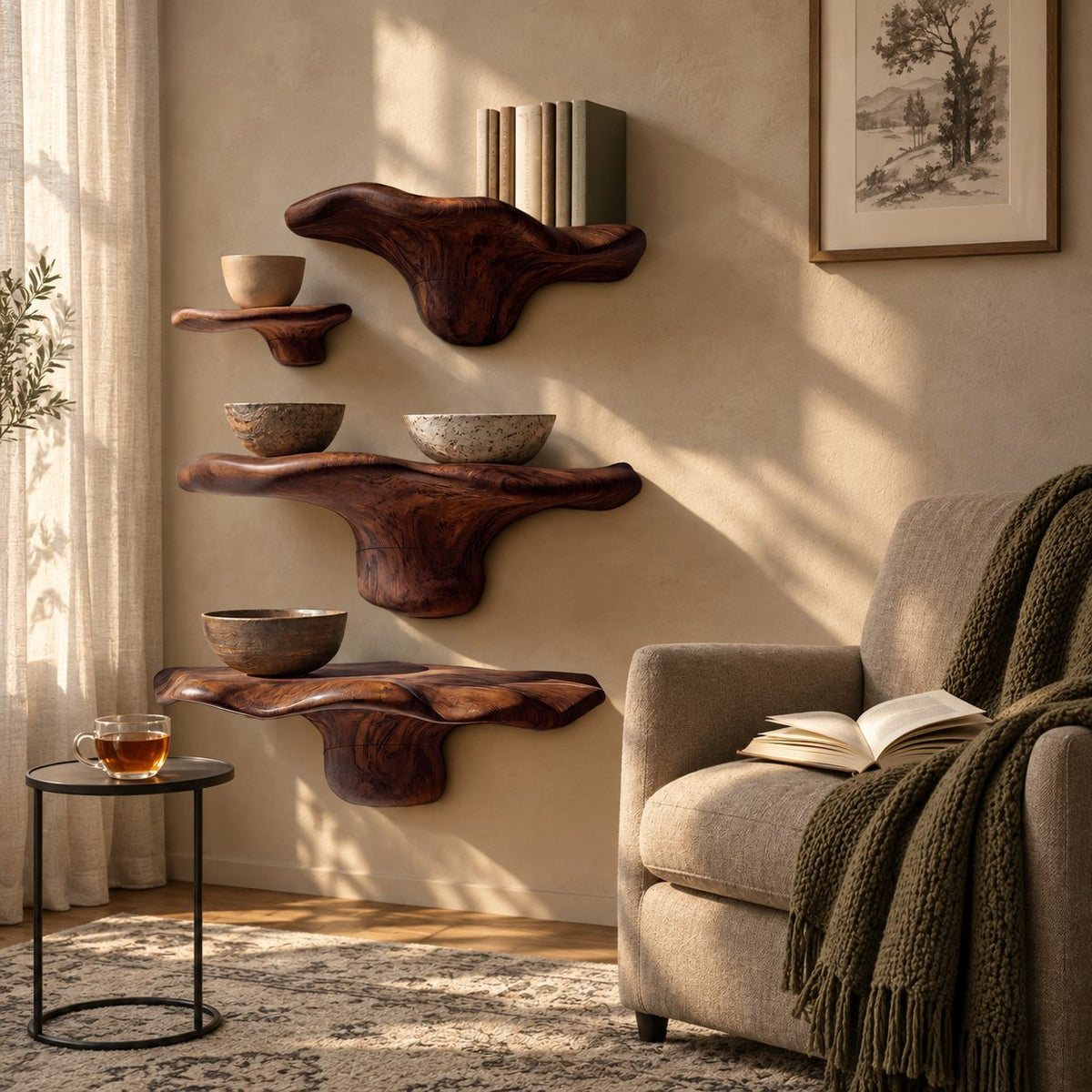 Offset Cluster Mushroom Floating Shelves, Live Edge Solid Wood Wall Shelves with Small Side Ledge