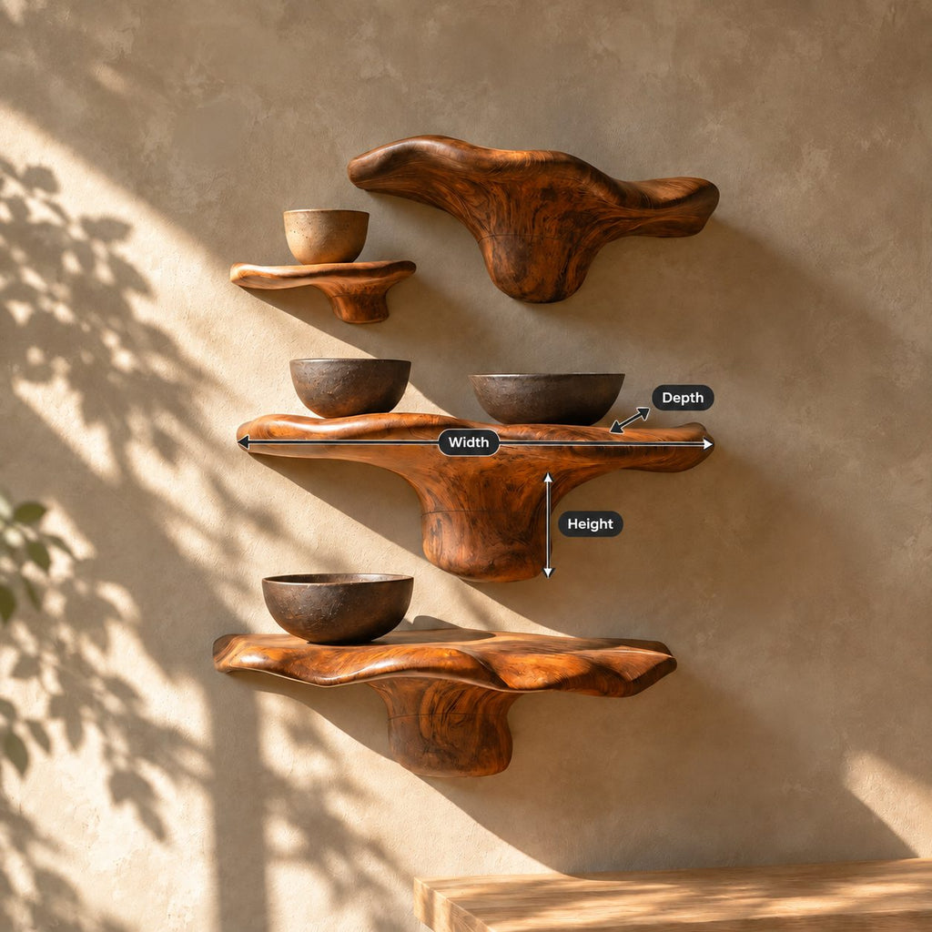 Offset Cluster Mushroom Floating Shelves, Live Edge Solid Wood Wall Shelves with Small Side Ledge
