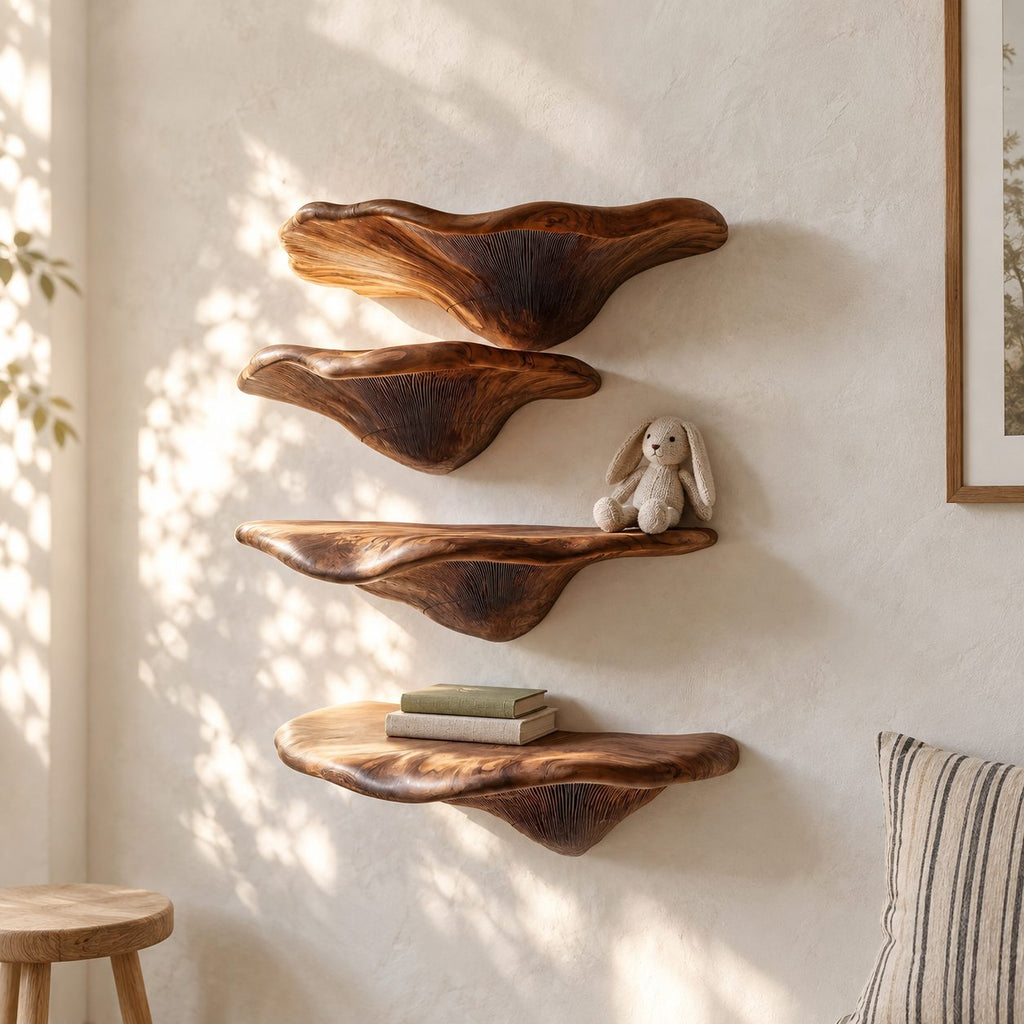 Gill Carved Mushroom Wall Shelves, Solid Wood Floating Shelves with Fanned Underside for Living Room