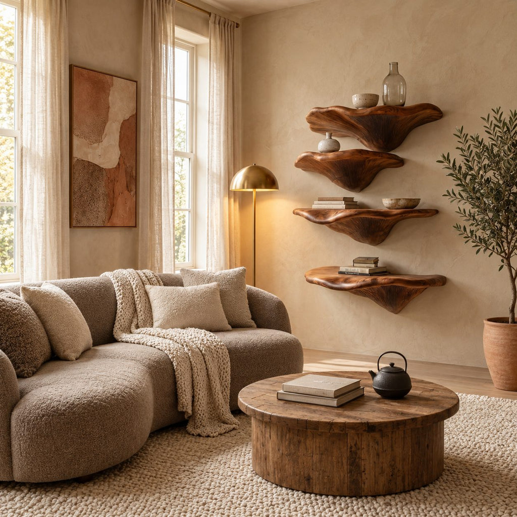Gill Carved Mushroom Wall Shelves, Solid Wood Floating Shelves with Fanned Underside for Living Room