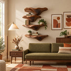 Gill Carved Mushroom Wall Shelves, Solid Wood Floating Shelves with Fanned Underside for Living Room