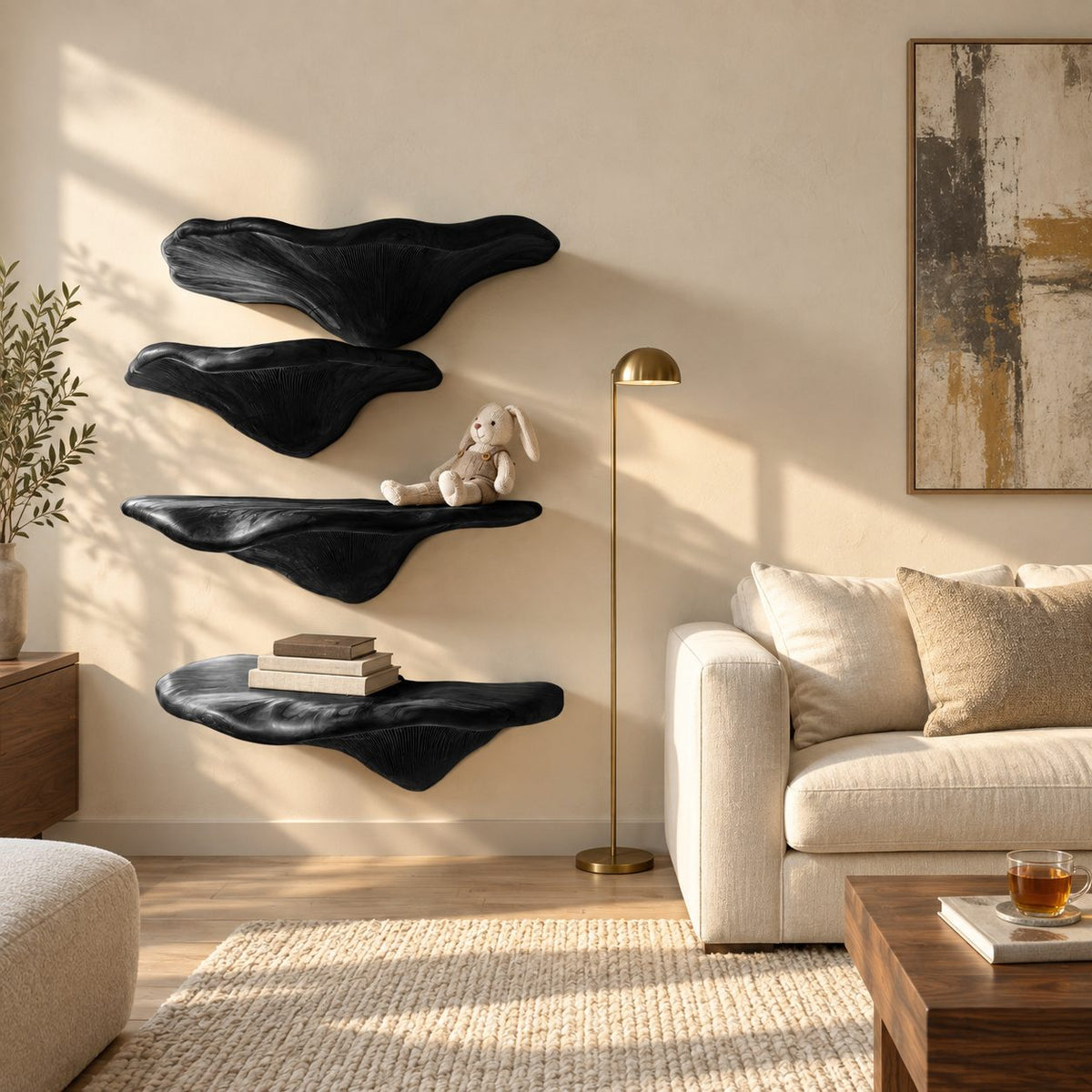 Gill Carved Mushroom Wall Shelves, Solid Wood Floating Shelves with Fanned Underside for Living Room