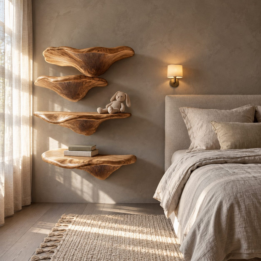 Gill Carved Mushroom Wall Shelves, Solid Wood Floating Shelves with Fanned Underside for Living Room