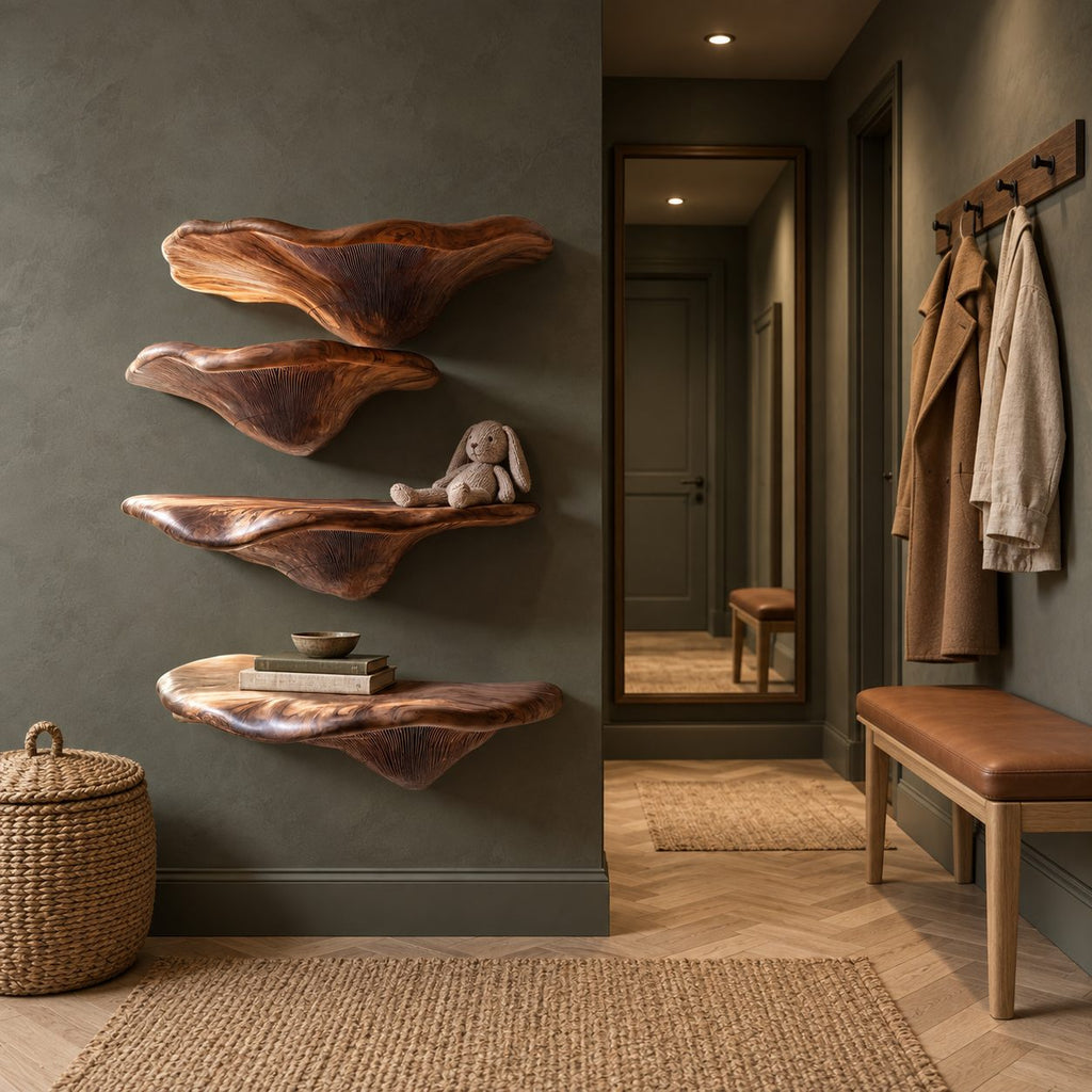 Gill Carved Mushroom Wall Shelves, Solid Wood Floating Shelves with Fanned Underside for Living Room