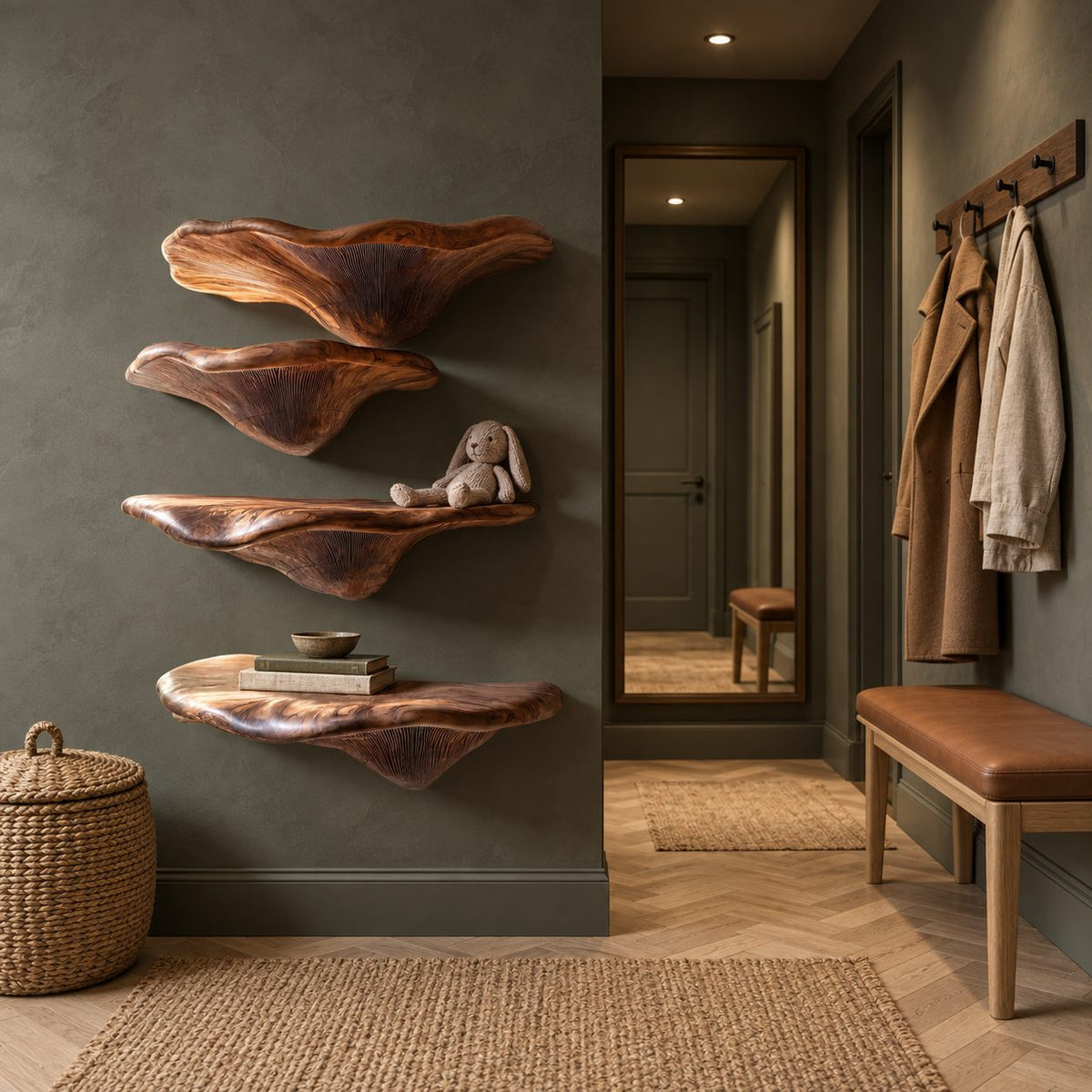 Gill Carved Mushroom Wall Shelves, Solid Wood Floating Shelves with Fanned Underside for Living Room