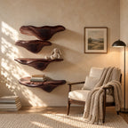 Gill Carved Mushroom Wall Shelves, Solid Wood Floating Shelves with Fanned Underside for Living Room
