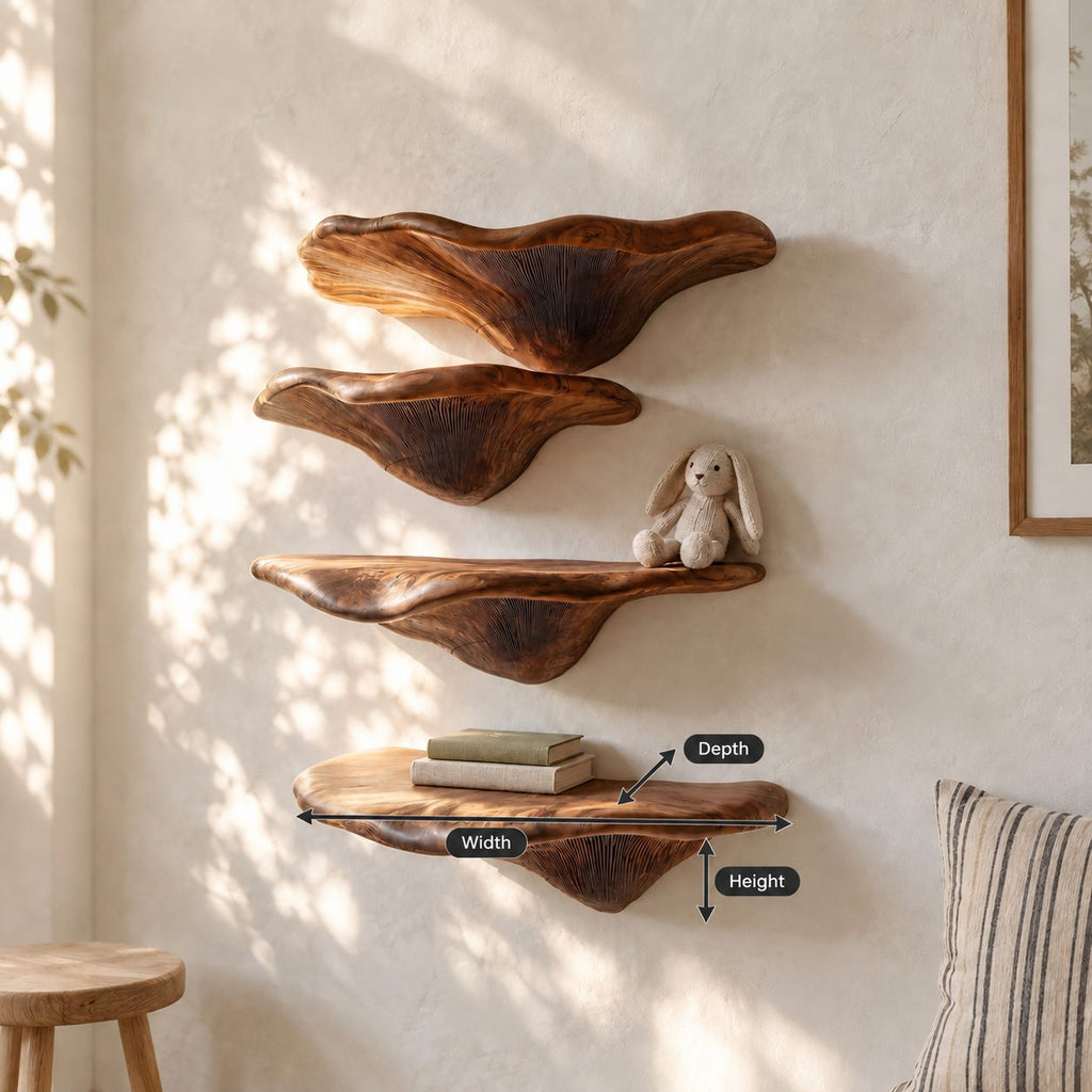 Gill Carved Mushroom Wall Shelves, Solid Wood Floating Shelves with Fanned Underside for Living Room