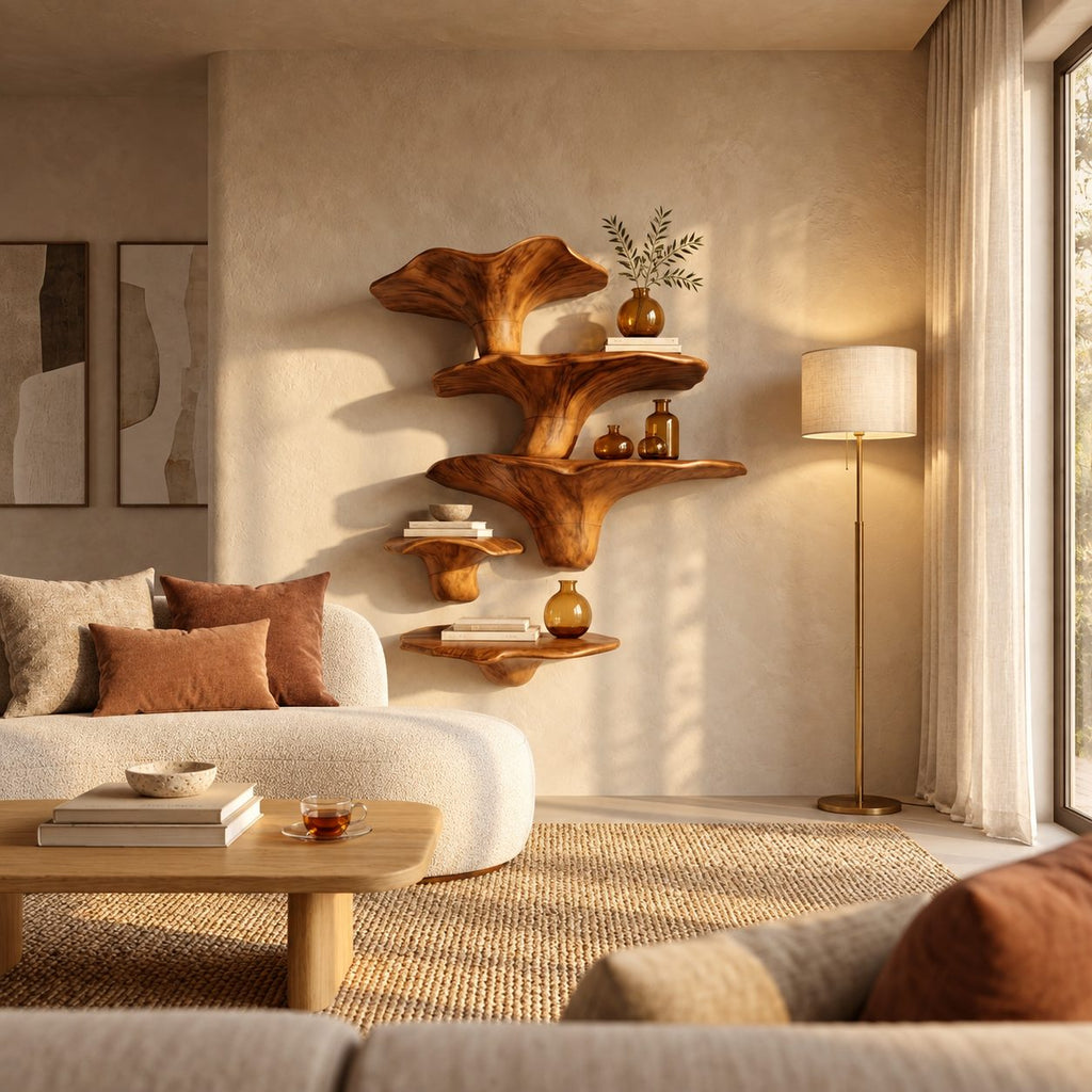 Towering Mushroom Cluster Wall Shelves, Solid Wood Floating Shelves with Tall Cap and Button Ledge