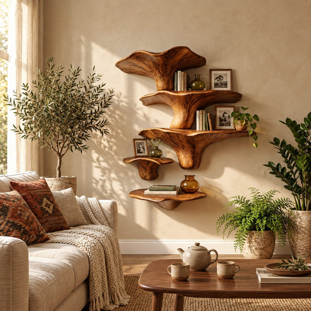 Towering Mushroom Cluster Wall Shelves, Solid Wood Floating Shelves with Tall Cap and Button Ledge
