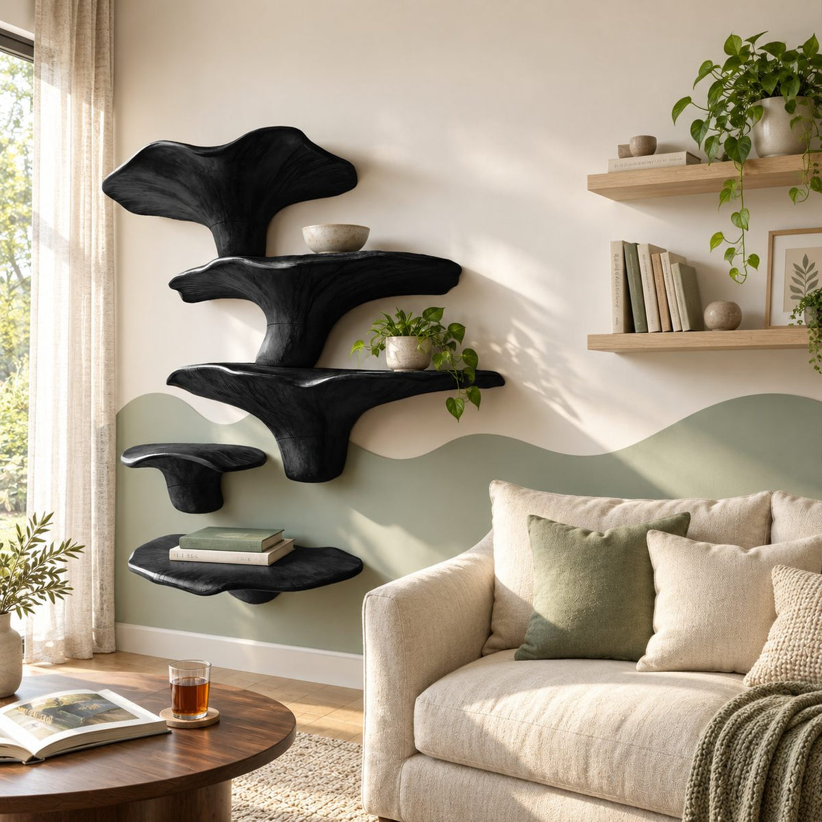 Towering Mushroom Cluster Wall Shelves, Solid Wood Floating Shelves with Tall Cap and Button Ledge