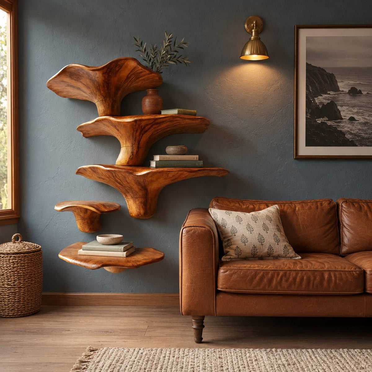 Towering Mushroom Cluster Wall Shelves, Solid Wood Floating Shelves with Tall Cap and Button Ledge