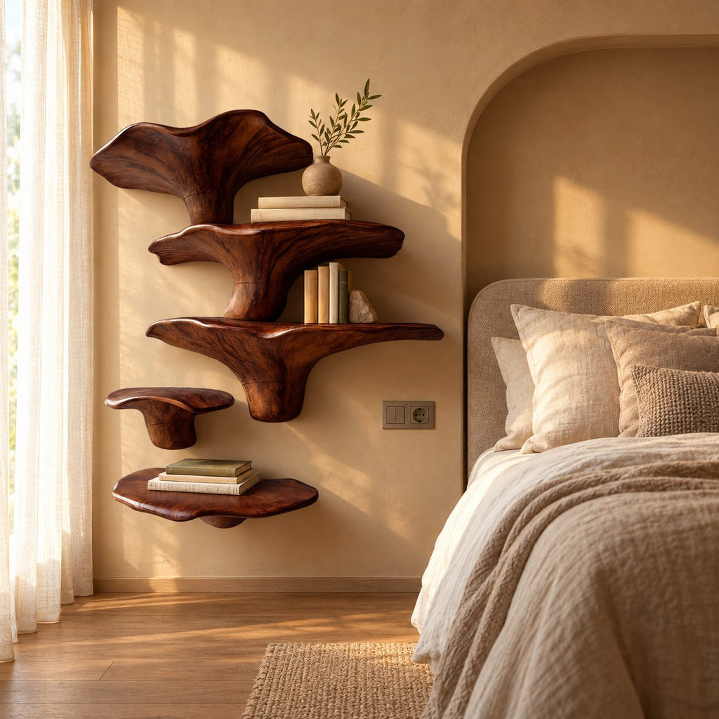 Towering Mushroom Cluster Wall Shelves, Solid Wood Floating Shelves with Tall Cap and Button Ledge