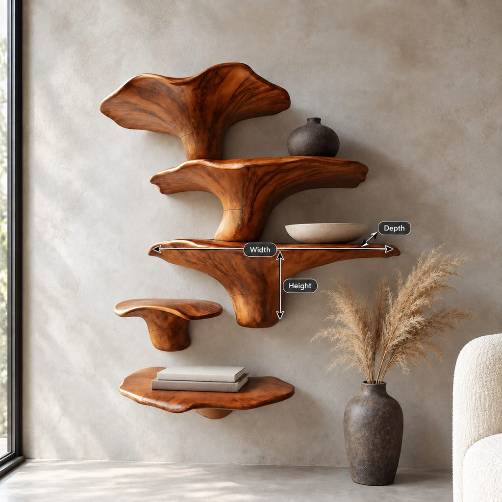 Towering Mushroom Cluster Wall Shelves, Solid Wood Floating Shelves with Tall Cap and Button Ledge