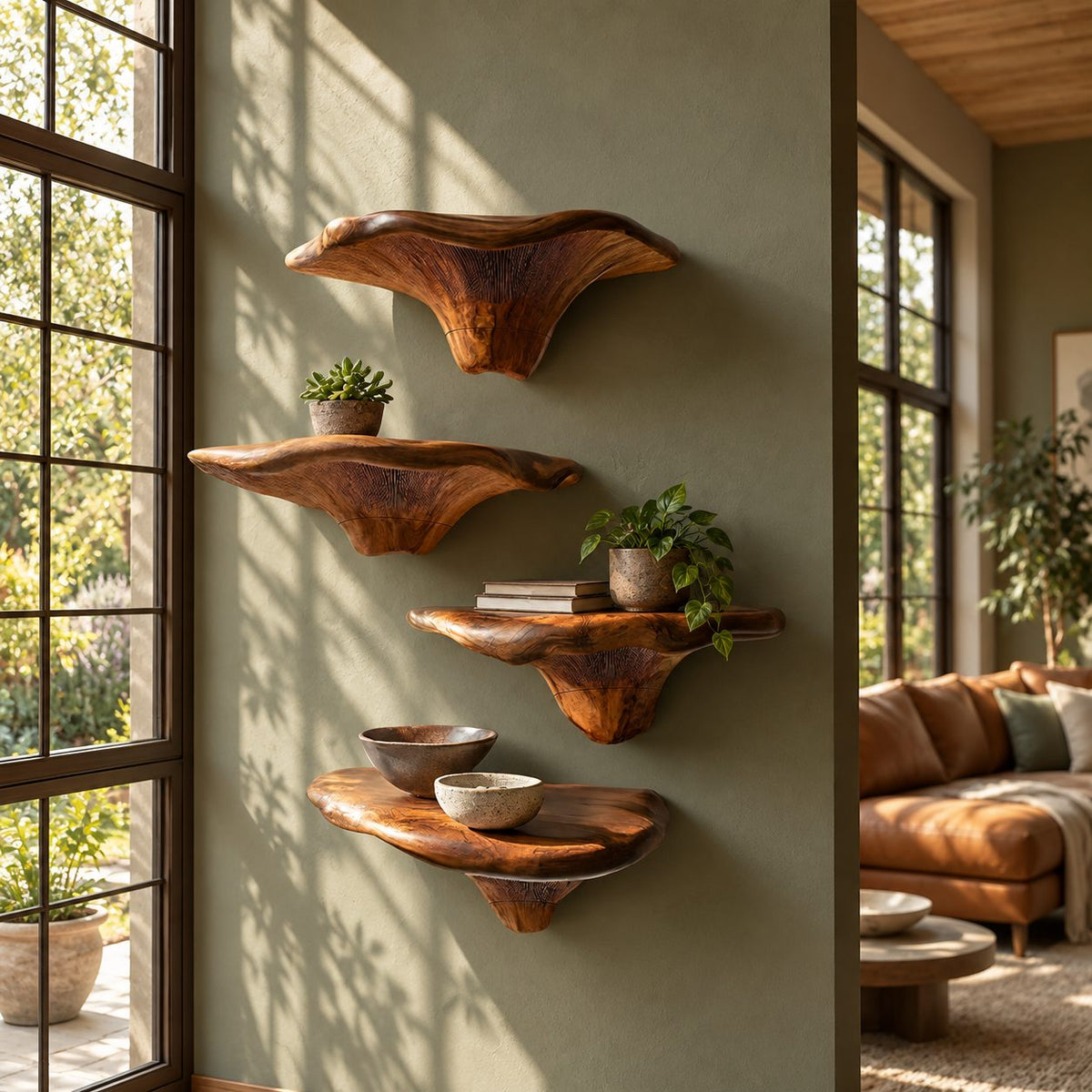 Funnel Stem Mushroom Floating Shelves, Live Edge Solid Wood Wall Shelves for Reading Nook