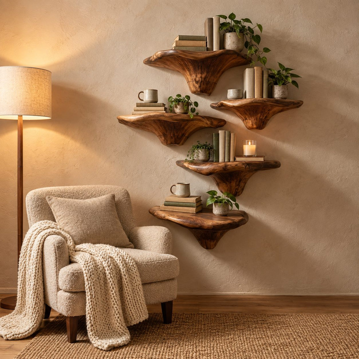 Funnel Stem Mushroom Floating Shelves, Live Edge Solid Wood Wall Shelves for Reading Nook