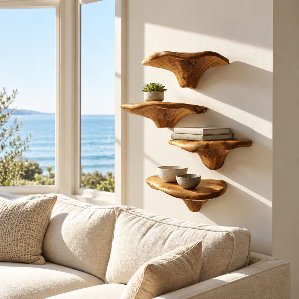 Funnel Stem Mushroom Floating Shelves, Live Edge Solid Wood Wall Shelves for Reading Nook