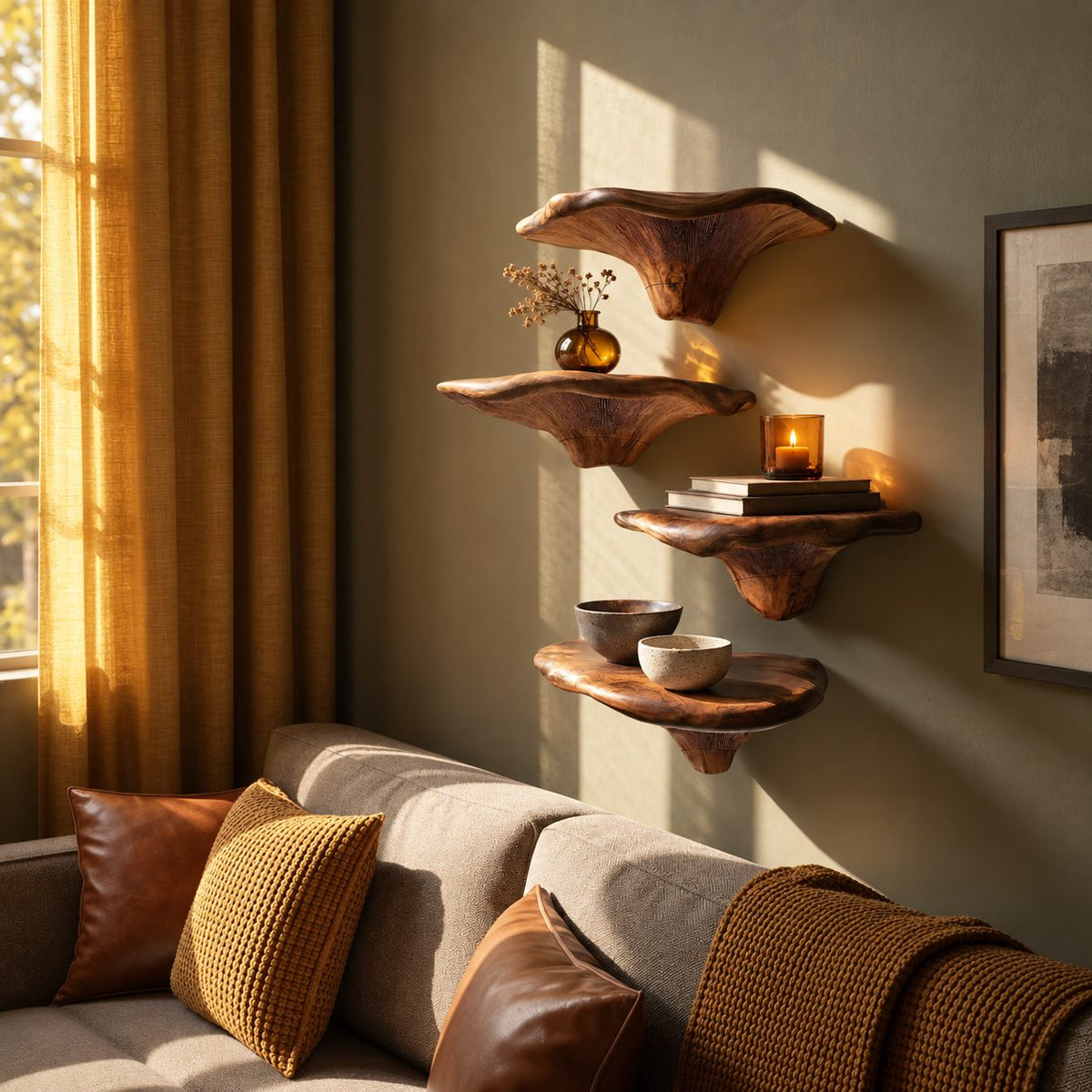 Funnel Stem Mushroom Floating Shelves, Live Edge Solid Wood Wall Shelves for Reading Nook