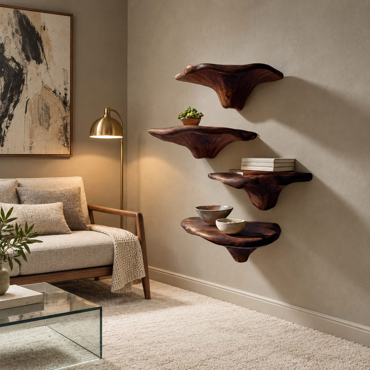 Funnel Stem Mushroom Floating Shelves, Live Edge Solid Wood Wall Shelves for Reading Nook