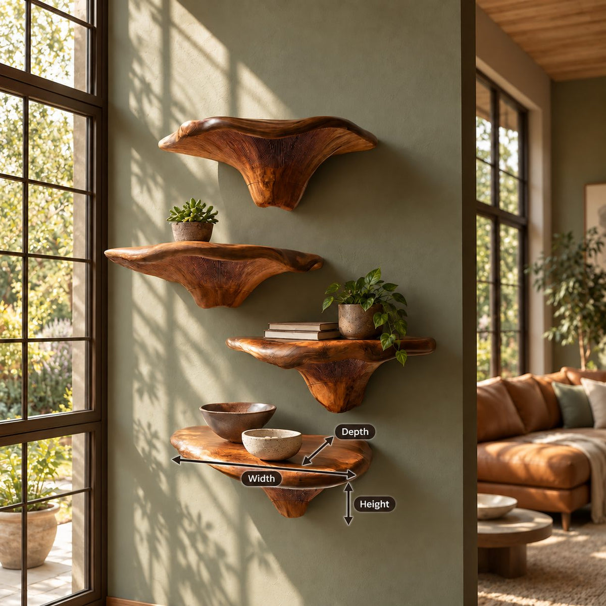 Funnel Stem Mushroom Floating Shelves, Live Edge Solid Wood Wall Shelves for Reading Nook