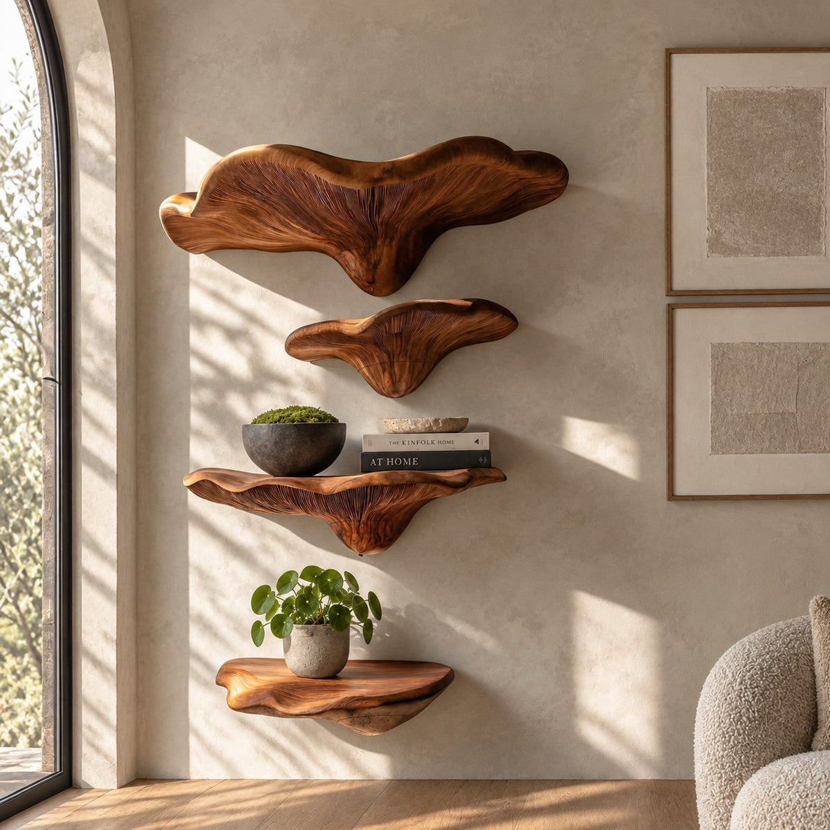 Wide Brim Mushroom Wall Shelves, Solid Wood Floating Shelves with Large Display Cap for Bedroom