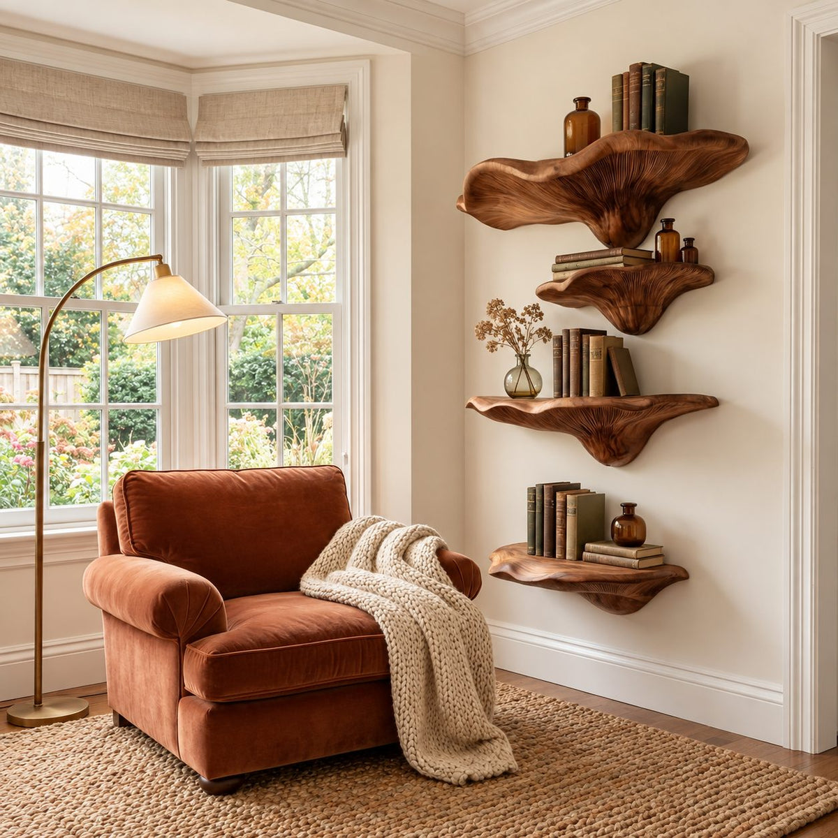 Wide Brim Mushroom Wall Shelves, Solid Wood Floating Shelves with Large Display Cap for Bedroom