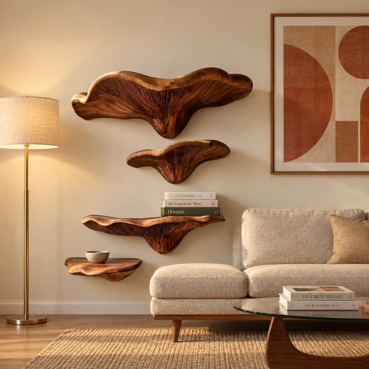 Wide Brim Mushroom Wall Shelves, Solid Wood Floating Shelves with Large Display Cap for Bedroom