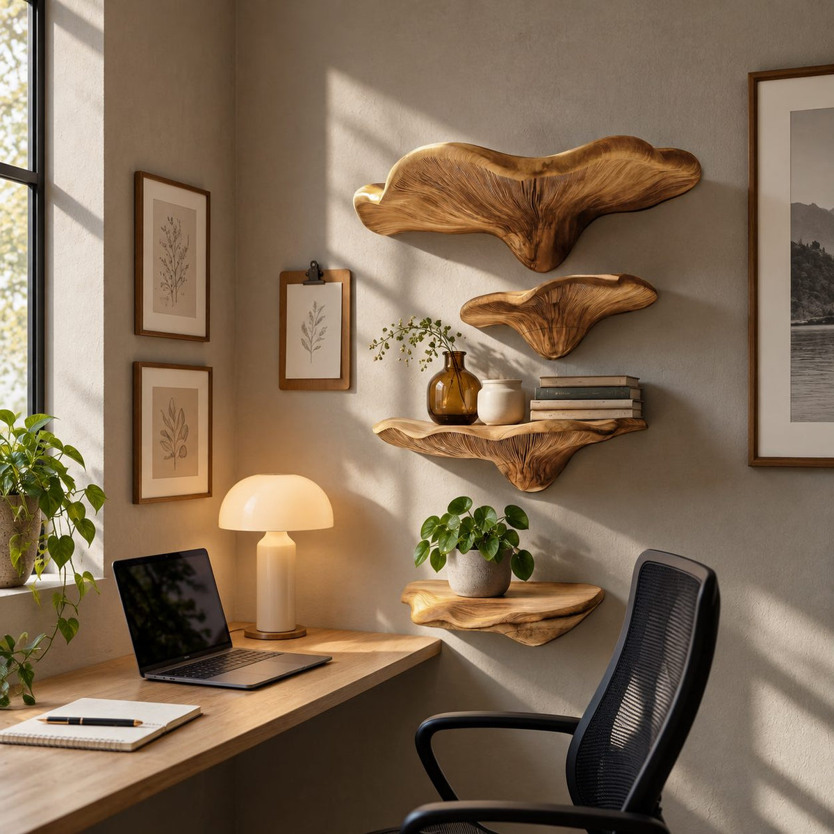 Wide Brim Mushroom Wall Shelves, Solid Wood Floating Shelves with Large Display Cap for Bedroom