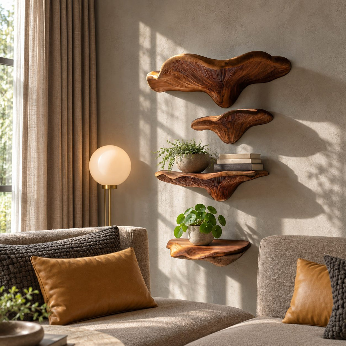 Wide Brim Mushroom Wall Shelves, Solid Wood Floating Shelves with Large Display Cap for Bedroom