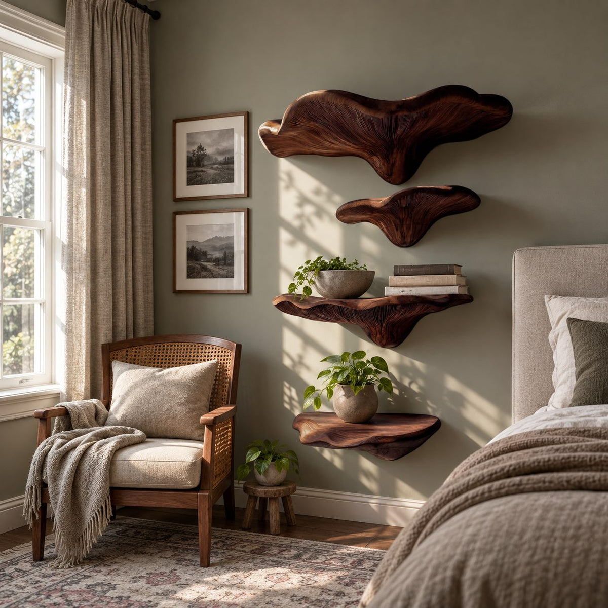 Wide Brim Mushroom Wall Shelves, Solid Wood Floating Shelves with Large Display Cap for Bedroom