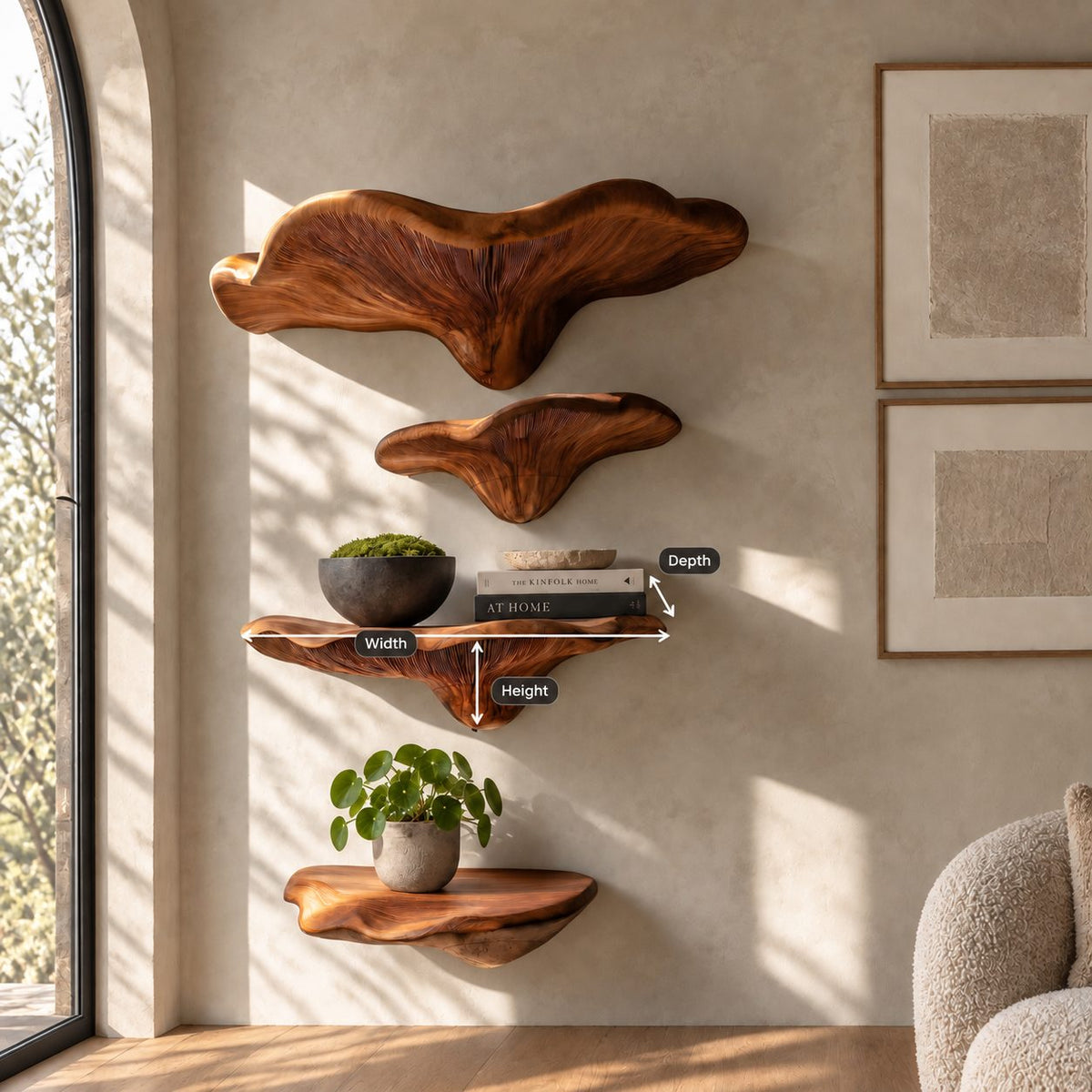Wide Brim Mushroom Wall Shelves, Solid Wood Floating Shelves with Large Display Cap for Bedroom