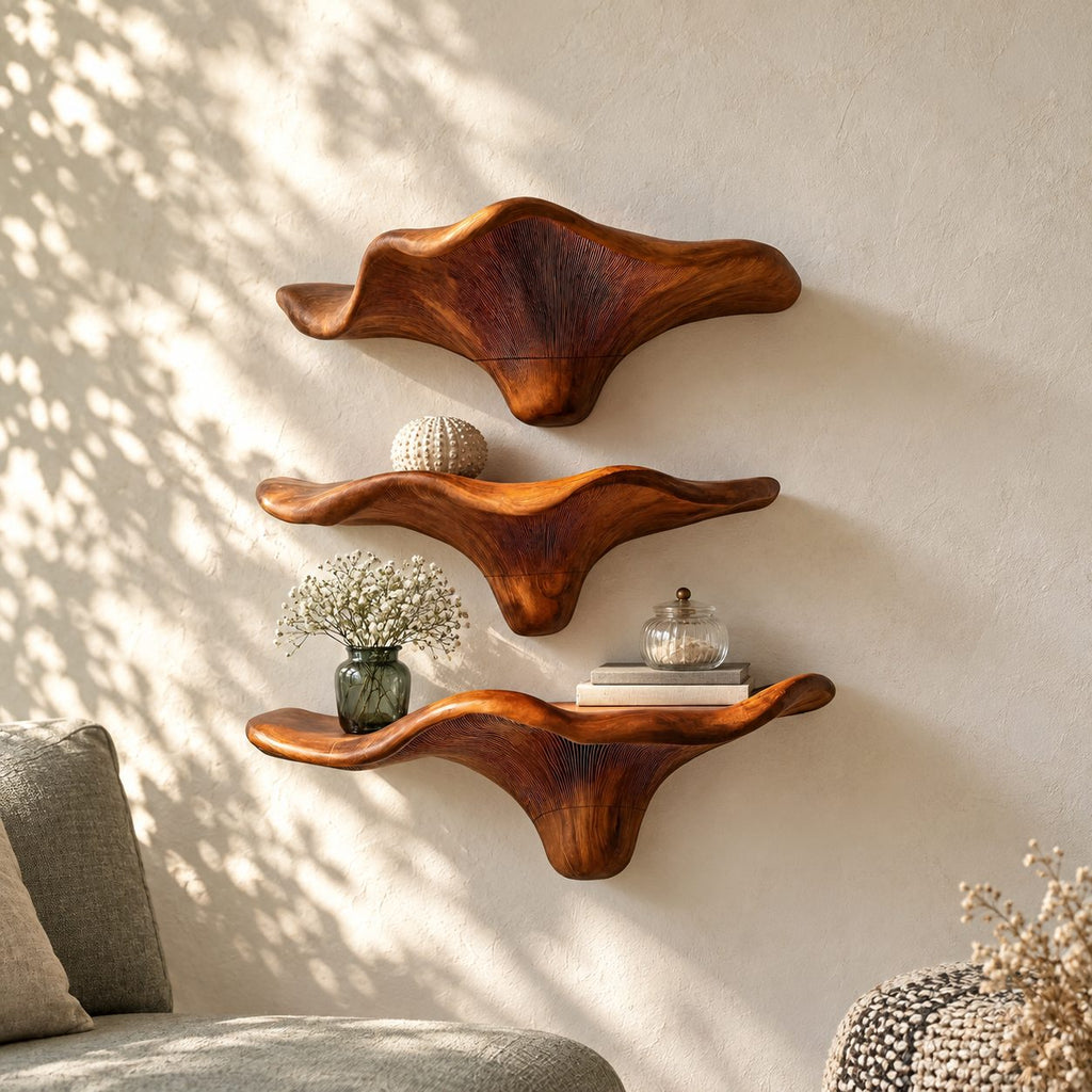 Sweeping Wing Mushroom Floating Shelves, Live Edge Solid Wood Wall Shelves for Living Room