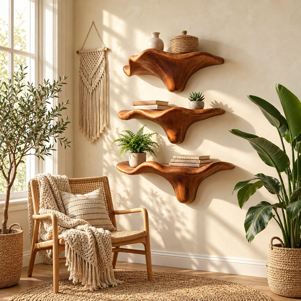 Sweeping Wing Mushroom Floating Shelves, Live Edge Solid Wood Wall Shelves for Living Room