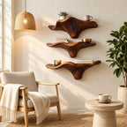 Sweeping Wing Mushroom Floating Shelves, Live Edge Solid Wood Wall Shelves for Living Room