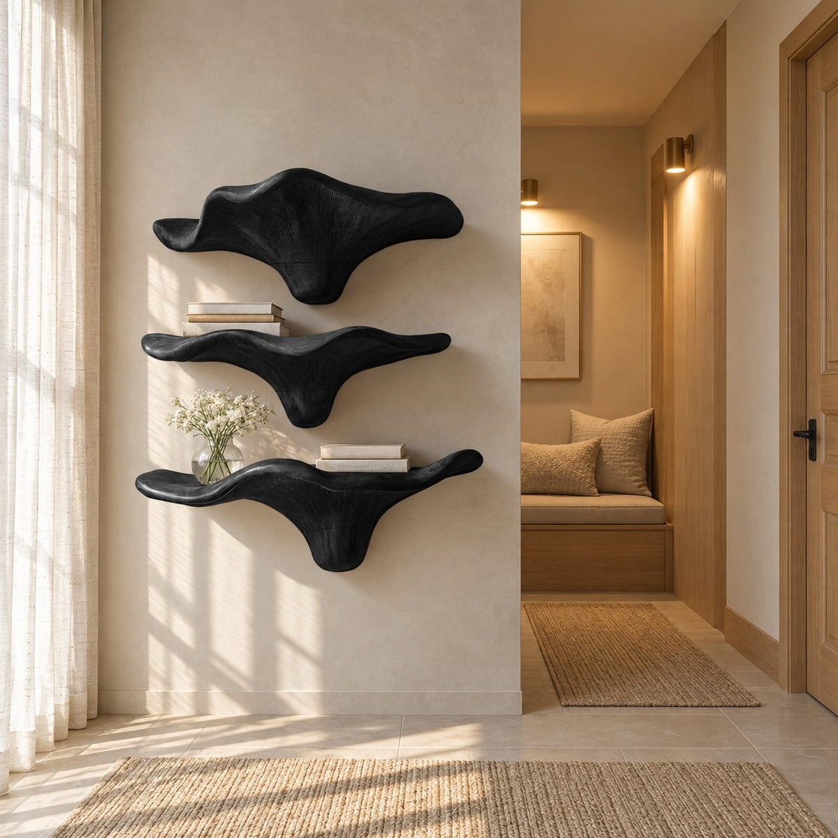 Sweeping Wing Mushroom Floating Shelves, Live Edge Solid Wood Wall Shelves for Living Room