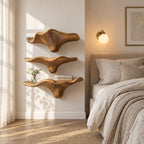 Sweeping Wing Mushroom Floating Shelves, Live Edge Solid Wood Wall Shelves for Living Room
