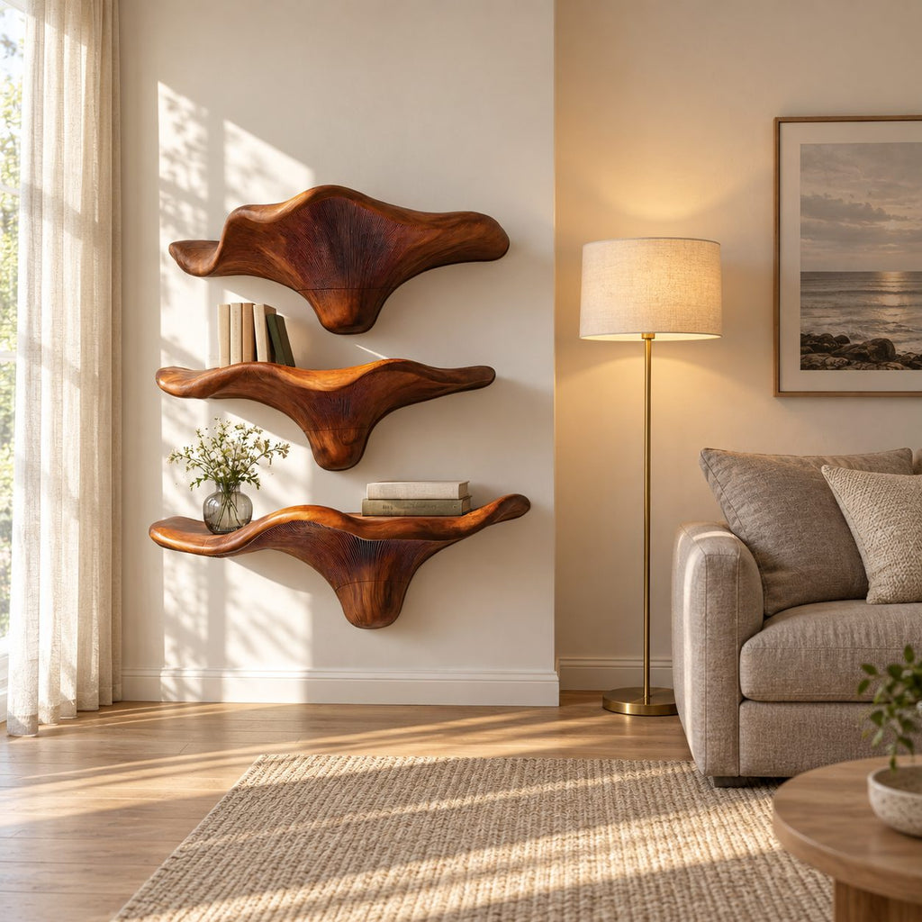 Sweeping Wing Mushroom Floating Shelves, Live Edge Solid Wood Wall Shelves for Living Room