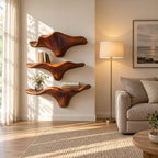 Sweeping Wing Mushroom Floating Shelves, Live Edge Solid Wood Wall Shelves for Living Room